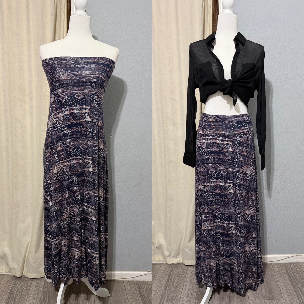 Maxi Dress S Convertible Two Way Navy Blue Pink Geometric Tribal Print Strapless